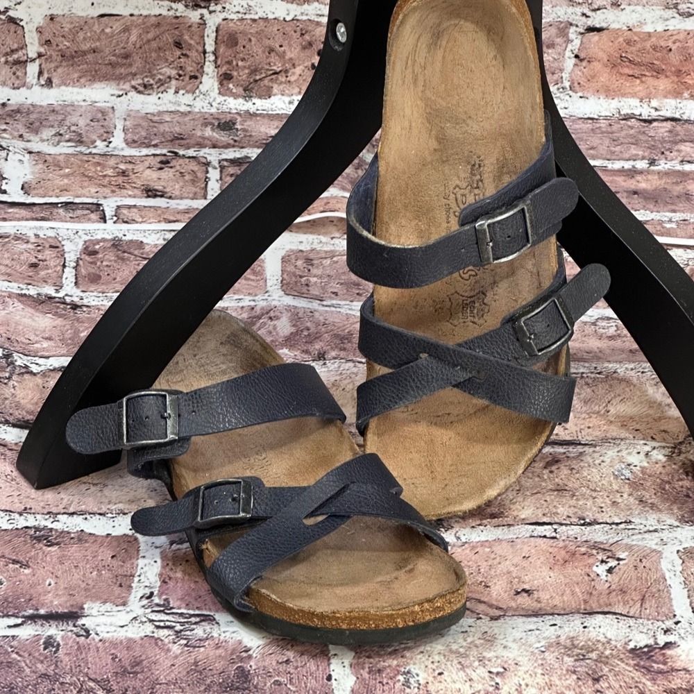 Birki's Navy Blue Leather Strappy Cork Footbed Sandals US Size 9/9.5